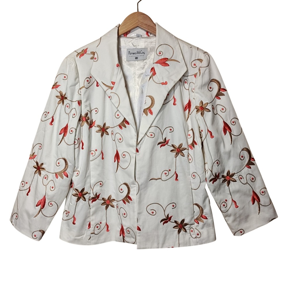 Pamela McCoy Blazer Womens L White Red Bronze Floral Embroidered Hook Eye Jacket